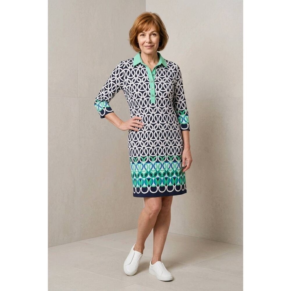 🔹️Sandra Darren Blue & White Geometric 3/4 Sleeve Dress Size 6
